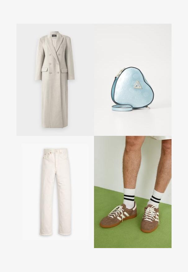 Langer beiger, doppelt-knöpfiger Wollmantel mit Reverskragen, sechs Knöpfen, zwei aufgesetzten Taschen und einer Brusttasche, vollständig gefüttert.; Hellbluse mit langen Ärmeln aus weichem Stoff, ausgestattet mit einem V-Ausschnitt, Kordelzugdetails und gerafftem Taillenbereich für eine lässige Passform.; Weiße Denim-Jeans mit geradem Bein, im Fünf-Taschen-Stil und mit kupferfarbenen Hardware-Details. Rohschnitt an den Knöcheln.; Braune Wildleder-Sneaker mit weißen Akzenten und Schnürsenkeln. Gummisohle in Kautschuk-Optik. Getragen mit weißen Socken, die schwarze Streifen haben. Grüner strukturierter Fußboden.; Herztaschen in hellem Blau aus geprägtem Material, mit schwarzem Besatz und einer Logo-Plakette in Goldfarbe. Abnehmbarer Schultergurt inklusive.