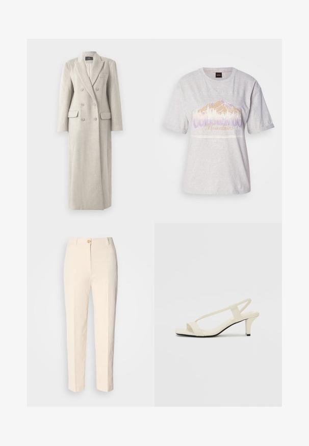 Lange beige dubbele-breasted wollen jas met reverskraag, zes knopen, twee klepzakken en één borstzak, volledig gevoerd van binnen.; Lichtgrijze katoenen t-shirt met korte mouwen, voorzien van een grafiek van een berg en tekst in paars en beige. Ronde halslijn, ontspannen pasvorm.; Crèmekleurige, hooggerocalde broeken van een gestructureerde stof. Voorzien van een sluiting met knoop aan de voorkant en taps toelopende pijpen.; Beige blockhak sandalen met dunne bandjes en een vierkante neus. Glad materiaal met minimale details, ontworpen voor eenvoudig dragen.