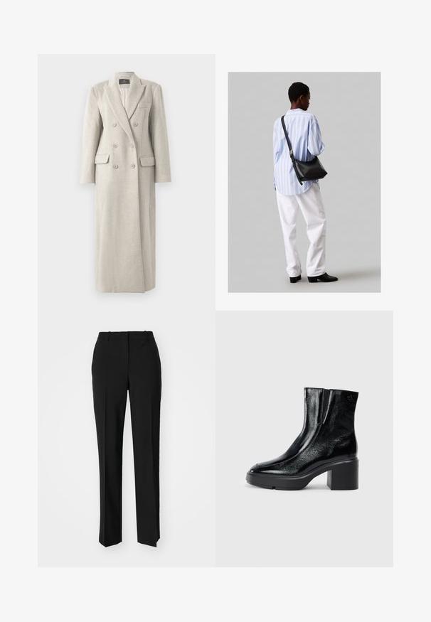 Dlouhý béžový dvouřadý vlněný kabát s klopovým límcem, šesti knoflíky, dvěma klopovými kapsami a jednou náprsní kapsou, plně podšívkovaný uvnitř.; Bílý zkrácený T-shirt, krátké široké rukávy, měkký bavlněný materiál, kulatý výstřih s jemným oranžovým lemováním, minimalistický design, bez vzorů nebo grafik.; Černé kalhoty na míru se střihem do rovna, které mají hladkou texturu a ostré sklady na přední straně. Bez viditelného kování.; Černé lakované kotníkové boty s zakřivenou špičkou, elastickými bočními panely a robustním blokovým podpatkem. Na zadní straně se nachází embosované logo.; Černá kožená kabelka přes rameno s jemnou texturou, trojúhelníkovým tvarem a nastavitelným popruhem, v kombinaci se světle modrou pruhovanou košilí a bílými kalhotami.