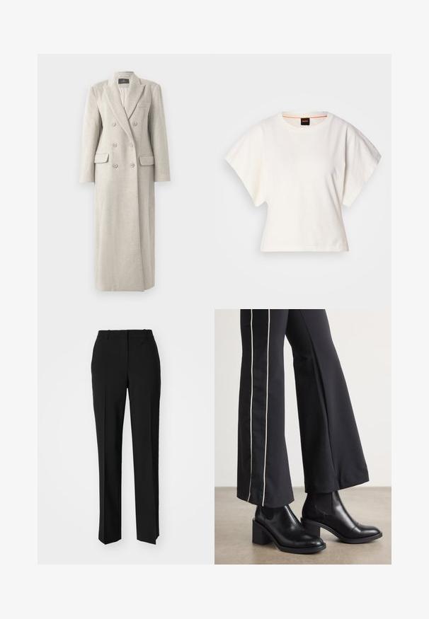 Lang beige dobbeltspent ullkåpe med krage, seks knapper, to klaffelommer og en brystlomme, fullt foret på innsiden.; Hvit cropped T-skjorte, korte vide ermer, myk bomullsmateriale, rund halslinning med subtilt oransje kantbånd, minimalistisk design, uten mønstre eller grafikk.; Sorte skreddersydde bukser med rett silhuett, med en glatt tekstur og klare pressede bretter foran. Ingen synlig maskinvare.; Sorte skinn ankle boots med blokkhæl, med elastiske sidepaneler. Kombinert med sorte bukser som har en hvit sidestripe.