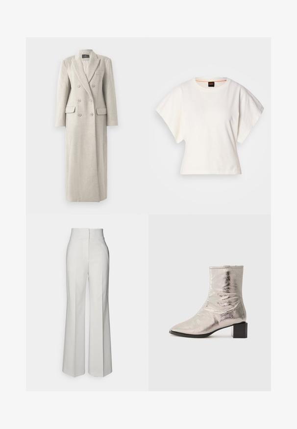 Lungo cappotto di lana beige doppiopetto con colletto a revers, sei bottoni, due tasche a pattina e una tasca sul petto, completamente foderato all'interno.; T-shirt bianca cropped, maniche corte e larghe, tessuto di cotone morbido, scollatura rotonda con bordino arancione sottile, design minimale, senza motivi o grafiche.; Pantaloni bianchi a gamba larga con vita alta, realizzati in tessuto morbido, con dettagli di piega sul davanti e linee pulite.; Stivale alla caviglia argento metallico con punta affilata e tacco a blocco. Texture liscia, design elegante e dettagli di cucitura minimalista.