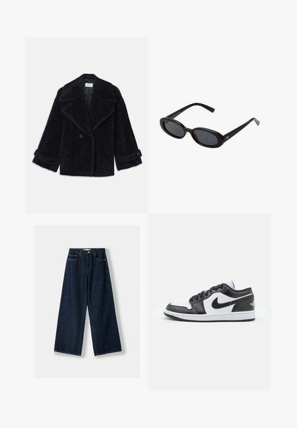 Fekete, texturált kabát széles hajtókával, dupla gombokkal és felgöngyölt ujjal. Puha, bolyhos anyagból készült.; Krém színű garbós pulóver puha kötött anyagból. Bordás mandzsettákkal és hempergő aljjal rendelkezik, laza szabású és eséses vállú.; Sötétkék, bő szabású farmernadrág. Öt zsebből, gombos és cipzáras záródásból, valamint kontrasztos varrási részletekből áll.; Fekete-fehér Nike alacsony szárú sportcipők sima bőrből készültek, kerek orrúak, fűzős záródásúak, és mintás gumitalppal rendelkeznek.; Fekete, oversize napszemüveg ovális lencsékkel, sima műanyag kerettel és arany részletekkel a fülpánton. Sötét lencséi védelmet nyújtanak a napfény ellen.; Sötétbarna színű bőrhatású válltáska állítható pánttal, aranyszínű fémrátétekkel és nagy első hajtózáras fedéllel.