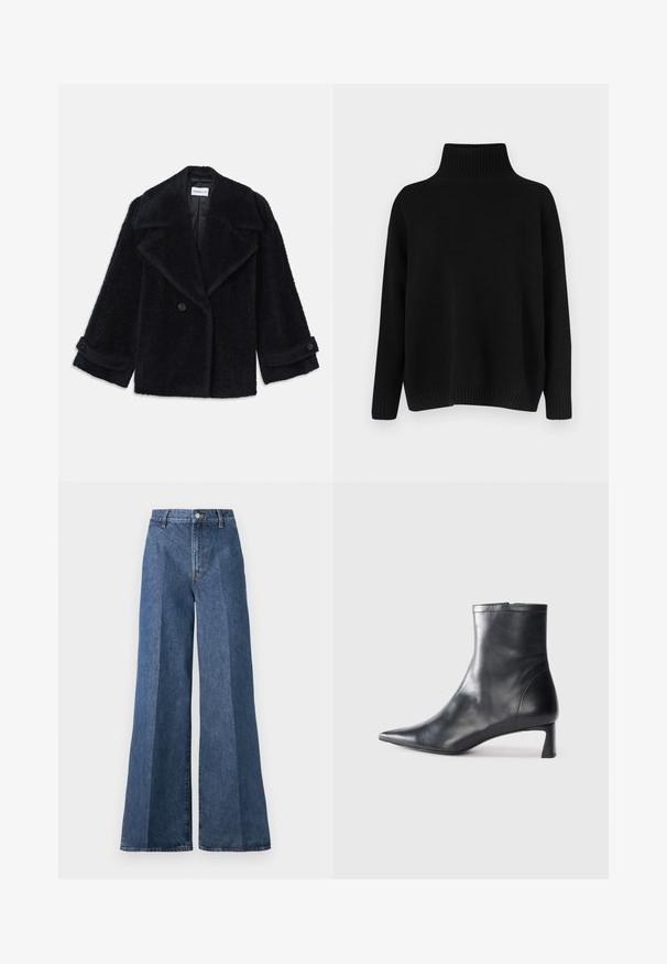 Melns, teksturēts mētelis ar plašu atlokiem, divrindu pogām un sarullētām piedurknēm. Izgatavots no mīksta, pūkaina materiāla.; Melnā trikotāžas džemperis ar augstu ribu apkakli, nolaistām plecu līnijām un vaļīgu piegriezumu. Ar rievotām aprocēm un apakšu tekstūras radīšanai.; Platām kājām zili denim džinsi ar augstu jostasvietu, ar klasisko piecu kabatu dizainu un pogu aizdari, izgatavoti no teksturēta kokvilnas auduma.; Melnas ādas potītes zābaki ar norādītu pirkstu un elegantu dizainu. Iezīmē zemu papēdi un rāvējslēdzēja aizdari aizmugurē. Gluda tekstūra.