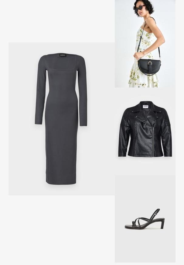 Black leather motorcycle jacket with a collar, diagonal zipper, and quilted shoulder detail. Features a smooth texture and tailored fit.; Long-sleeve, fitted dress in dark gray ribbed fabric. Features a square neckline and midi length, with smooth texture and no visible patterns.; Black strappy sandal with a square toe and a low block heel. Features multiple thin straps and an adjustable ankle strap. Made of smooth leather.; Black leather handbag with a curved shape, detachable strap, and gold hardware. The bag features a flap with a buckle detail.