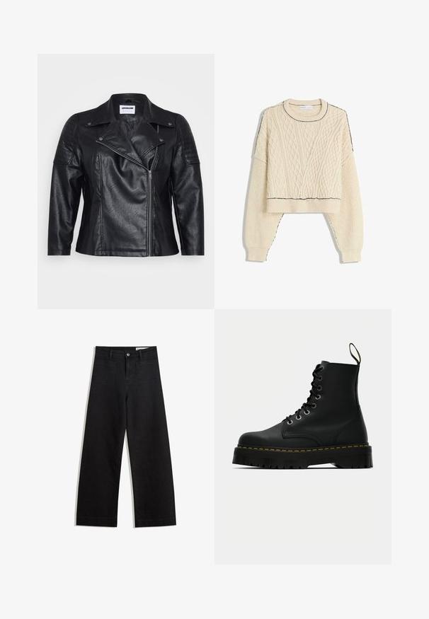 Schwarze Leder-Motorradjacke mit Kragen, diagonalem Reißverschluss und gesteppter Schulterpartie. Sie verfügt über eine glatte Textur und eine taillierte Passform.; Cremfarbener Strickpullover mit Kabelmuster, cropped Design, gerippten Bündchen und einem kontrastierenden schwarzen Rand am Ausschnitt und Saum.; Schwarze weit geschnittene Jeans mit hoher Taille, ausgestattet mit Vorder- und Hintertaschen, gesteppten Nähten und einem Knopfverschluss. Glatte Textur.; Schwarze Leder-Schnürstiefeletten mit einer dicken, strukturierten Gummisohle und gelben Steppnähten um die Plattform.