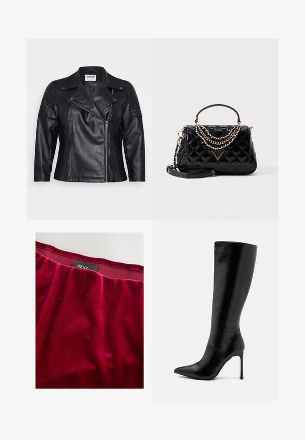 Sort lædermotorcykeljakke med krave, diagonallukning og kviltet skulderdetalje. Har en glat tekstur og skræddersyet pasform.; Sort ærmeløs top med et draperet design, der har tekstureret rynkning på den ene side og en let asymmetrisk kant. Lavet af blødt stof.; Rød fløjlstoft med en glat tekstur, med en samlet talje. Brandmærket "NEXT" synligt nær den øverste kant.; Sort knæhøj støvle lavet af blank læder, med en spids tå og en slank stilethæl. Glat tekstur med minimalistisk design.; Sort kviltet håndtaske med en struktureret form, gyldne kædeakcenter, en topstrop og et logo-plade. Inkluderer en aftagelig skulderrem.