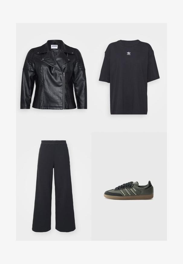 Zwarte leren motorjack met een kraag, diagonale rits en gewatteerde schouderdetails. Beschikt over een gladde textuur en een getailleerde pasvorm.; Zwarte katoenen T-shirt met korte mouwen, ronde halslijn, voorzien van een wit Adidas-logo op de borst. Eenvoudig ontwerp, comfortabele pasvorm.; Zwarte wijde sweatpants gemaakt van zachte stof, met een elastische tailleband en een klein logo aan de linkerkant.; adidas Originals SAMBA OG - Sneakers laag - core black/legend earth/gum