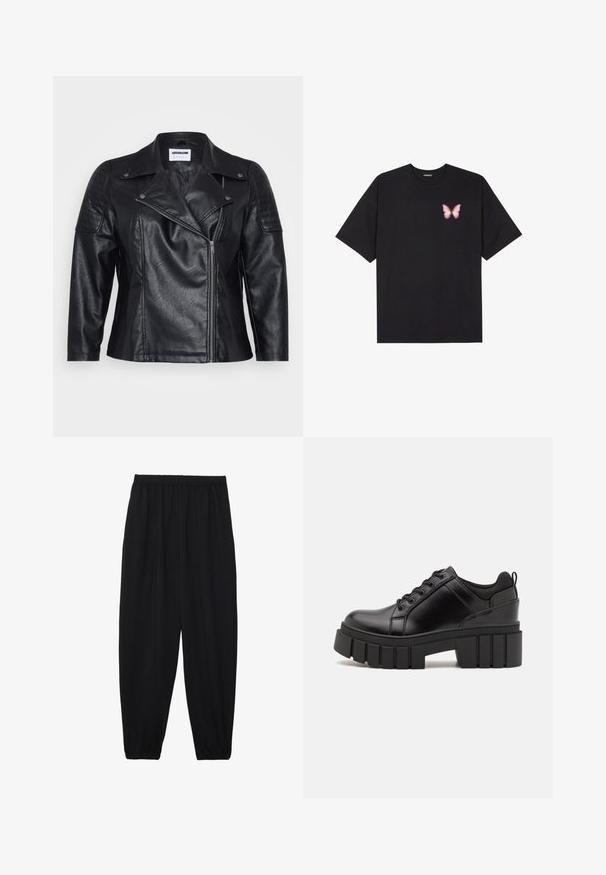 Musta nahkainen moottoripyöräjakku, jossa on kaulus, viistovetoketju ja tikkaukset olkapäissä. Ominaisuuksiin kuuluu sileä pinta ja hyvin istuva malli.; Musta puuvillapaita lyhyillä hihoilla, jossa on pieni vaaleanpunainen perhosgrafiikka vasemmassa rinnassa. Pyöreä kaula-aukko ja rento istuvuus.; Mustat, kevyet housut, joissa on joustava vyötärö ja kerätyt nilkat. Kangas on sileä ja siinä on rento, kapeneva muotoilu.; Mustat nahkakengät, joissa on lättihenkinen korko, pyöreä kärki ja perinteinen nauhakiinnitys. Ominaisuuksiin kuuluu sileä pintakuvio ja minimaalinen yksityiskohtaisuus.