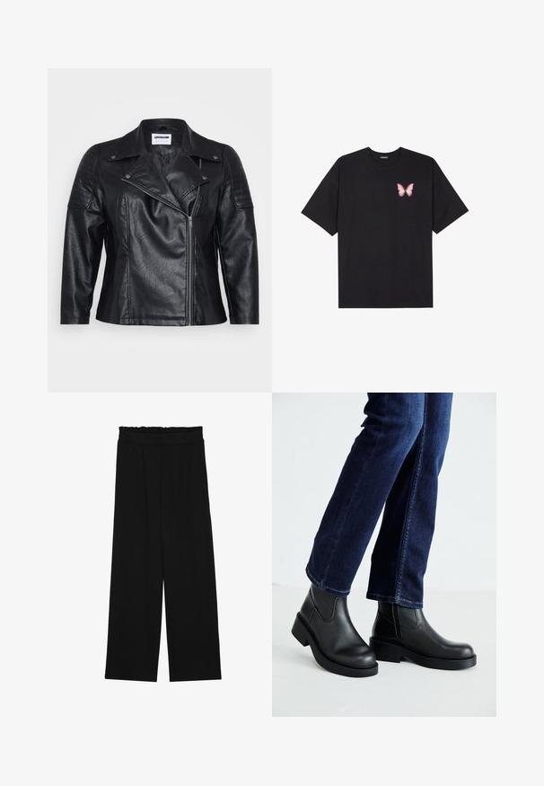 Svart skinn motorsykkeljakke med krage, skrå glidelås, og quilted skulderdetaljer. Har en jevn tekstur og en skreddersydd passform.; Svart bomulls T-skjorte med korte ermer, med en liten rosa sommerfugl grafikk på venstre bryst. Crew-neck design med en avslappet passform.; Svarte vide bukser med rynket liv, med to sidelommer og et glatt, lett stoff. Ingen synlige mønstre eller metalldeler.; Sorte lær ankelsko med en kraftig såle og elastiske paneler på siden, kombinert med mørkeblå jeans. Underlaget er lyst.