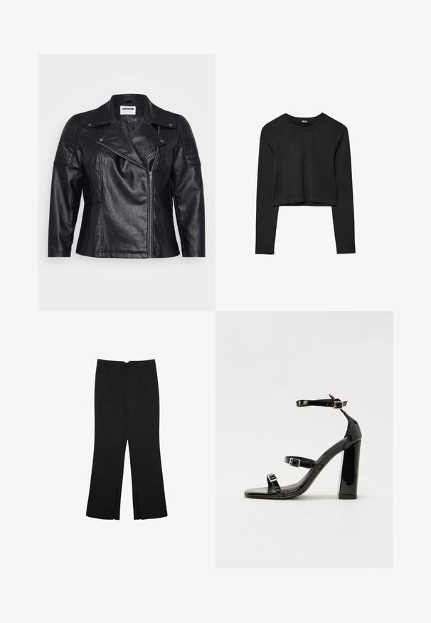 Sort lædermotorcykeljakke med krave, diagonallukning og kviltet skulderdetalje. Har en glat tekstur og skræddersyet pasform.; Sort langærmet cropped top med rund halsudskæring, ensfarvet design og let buet kant.; Sorte bukser med lige pasform, der har frontlommer og slidser i kanten. Lavet af blødt, glat stof. Velegnet til forskellige anledninger.; Sorte patenterede hælsandaler med firkantet tå, ankelremme og sølvspænder. Har en chunky blokHæl for stabilitet.