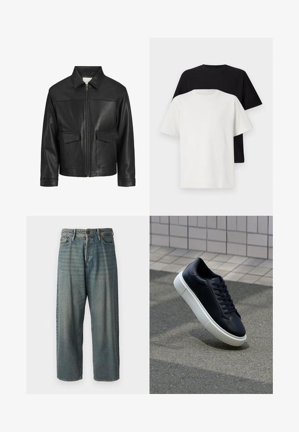 Crna kožna jakna s ovratnikom, prednjim zatvaračem na zip, dva velika džepa s preklopom, glatkom teksturom i strukturiranim krojem.; Set pamučnih majica koji uključuje crnu i bijelu majicu, obje s kratkim rukavima, okruglim izrezom i klasičnim krojem. Tekstura tkanine.; Svijetloplave traperice s širokim krojem, srednjim pojasom i ravnim nogavicama. Ima pet džepova, petlje za remen i kopčanje na gumb.; Crne kožne tenisice s zaobljenim vrhom i bijelim gumiranim potplatom. Imaju ravne vezice i minimalno šivanje na gornjem dijelu. Teksturirani potplat za bolje prianjanje.