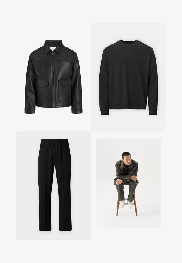 Black leather jacket with a collar, front zip closure, two large flap pockets, smooth texture, and structured fit.; Long-sleeve black T-shirt made of cotton, featuring a round neckline, loose fit, and ribbed cuffs. Smooth texture with no visible patterns.; Black, elastic-waist trousers with a straight-leg design, featuring a smooth texture and no visible patterns or hardware.; Brown leather jacket with a wide collar, paired with dark green jeans and white sneakers. The model sits on a wooden stool.