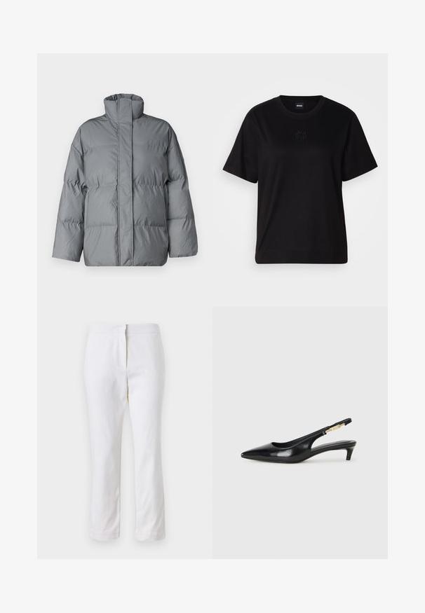 Szürke, párnázott dzseki magas gallérral, egyenes sziluettel és steppelt textúrával. Elülső záródással és széles ujjakkal rendelkezik.; Fekete pamut póló kerek nyakkivágással, rövid ujjakkal és hímzett logóval a mellkasán. Egyszerű, laza szabás, minta nélkül.; Fehér pamut nadrág egyenes lábformával, közepes derékkal, látható fémrészek vagy minták nélkül. Sima textúra az egész anyagon.; Fekete bőr slingback magassarkúk, hegyes orral, vékony sarkakkal és arany színű részlettel a állítható pánton. Simа felület.