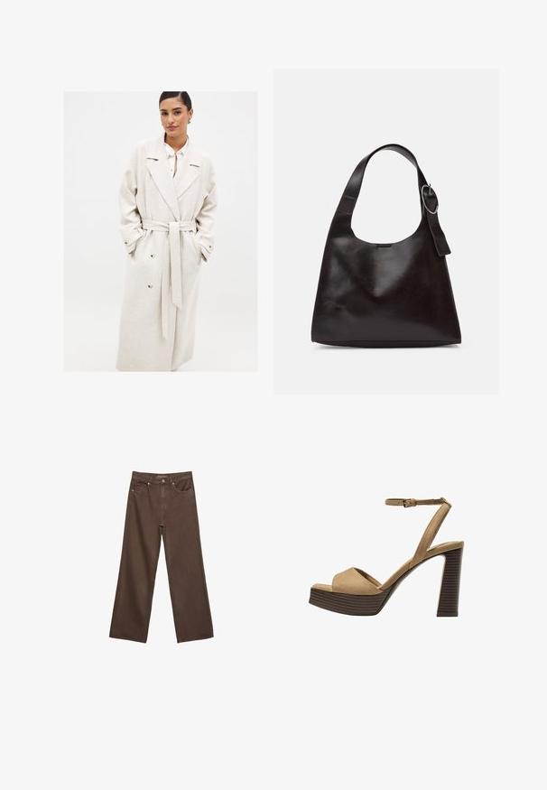 Bež dolg plašč iz teksturiranega materiala, ki ima pas v obliki traku, široke reverje in dva velika gumba na sprednjih žepih.; Braun majica s kratkimi rokavi, izdelana iz mehkega bombaža. Ima okroglo ovratnico in širok kroj, z gladko teksturo in brez vidnih vzorcev.; Široke rjave kavbojke iz denima, ki imajo visok pas, sprednje žepe in klasično zapiranje na gumb. Gladka tekstura s subtilnim šivom.; Bež semiš sandali na visoki peti z širokim sprednjim trakom in trakom okoli gležnja, opremljeni z debelim lesenim blokom peto z teksturirano površino.; Rjava usnjena torba za ramo z gladko teksturo, okroglo obliko, širokim trakom in krožno kovinsko akcenco na ročaju.