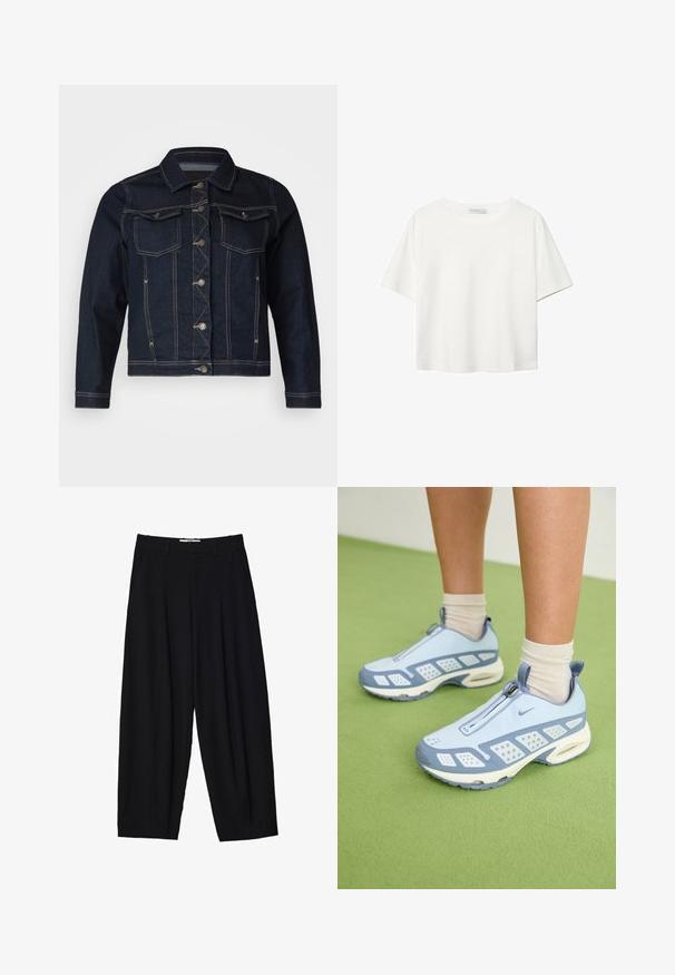 Denim jakna v temno indigo barvi z gumbom na sprednji strani, dvema žepoma na prsih, kontrastnim šivanjem in klasičnim ovratnikom, ki ima prilega obliko.; Bela kratka majica s kratkimi rokavi iz bombaža. Ima okroglo izrezovanje in sproščen kroj. Gladka tekstura brez vidnih vzorcev ali poudarkov.; Črne široke hlače iz lahkega materiala z naprsnimi gubami, klasičnim pasom in stranskimi žepi. Gladko teksturo.; Svetlo modre športne čevlje z belimi poudarki, teksturiranimi paneli in zadrgo. Vključujejo vidno zračno oblazinjenje v podplatu in gumijast podplat.