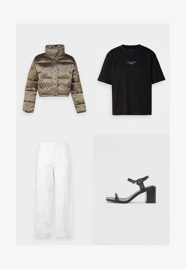 Olivno zelena skrajšana puhovka z visokim ovratnikom, kvadratnim dizajnom in sprednjim zadrgo. Ima subtilen logotip na prsih.; Črna bombažna majica s krožnim izrezom, kratkimi rokavi in modrim vezenim logotipom "Calvin Klein JEANS" na sprednji strani.; Bela široka hlače iz lahkega materiala, ki se ponašajo z gladko teksturo, čistimi linijami in visokim pasom.; Črne usnjene sandale z blok peto, širokim trakom čez prste in nastavljivim trakom okrog gležnja, z elegantnim, minimalističnim dizajnom.