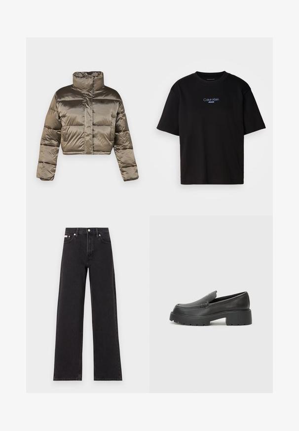 Olivově zelená krátká péřová bunda s vysokým límcem, prošívaným designem a předním zipem. Na hrudi má diskrétní logo.; Černé bavlněné tričko s kulatým výstřihem a krátkými rukávy, s modrou vyšitou nášivkou "Calvin Klein JEANS" na přední straně.; Černé široké jeansy vyrobené z denimu, s vysokým pasem, pěti kapsami a kovovým zapínáním s kontrastním prošíváním.; Černé kožené mokasíny s okrouhlou špičkou, silnou strukturovanou podrážkou a minimálními detaily šití. Elegantní design bez viditelných tkaniček nebo kovových prvků.