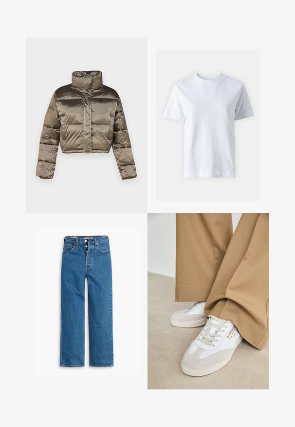 Maslinasto zelena skraćena puffer jakna s visokim ovratnikom, kvadratnim dizajnom i prednjim patentnim zatvaračem. Ima suptilan logo na prsima.; Bjela pamučna majica s okruglim izrezom, kratkim rukavima, ravnim krojem i glatkom teksturom. Bez uzoraka ili ukrasa.; Plave traperice ravnog kroja s visokim strukom, dizajn s pet džepova i dugmetom za zatvaranje. Primjetno šavovi i zakovice u boji bakra.; Bijele tenisice s velur detaljima, teksturiranim vezicama i gumenenim potplatom. Uparene s labavim bež hlačama. Logo prikazan sa strane.