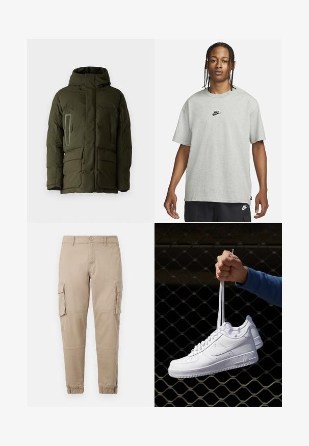 Oliven grøn dunjakke med hætte, der har to frontlommer, to brystlommer og kontrasterende kant på lommerne. Glat tekstur.; Ung person med fletninger iført en lys grå Nike T-shirt og sorte Nike shorts mod en ensfarvet hvid baggrund.; Beige cargo bukser i et letvægts bomuldsstof. Har elastiske manchetter, flere sidelommer og en knaplukning.; Hvide lædersneakers med perforeringer, rund tå, flad sål og tykke snørebånd, med et synligt swoosh-logo og "AIR" på hælen.