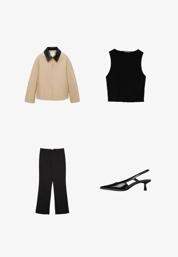 Mango SHEILA - Kevyt takki - beige; Musta hihaton crop-top, joka on valmistettu sileästä kankaasta, jossa on pyöreä kaula-aukko ja siisti, yksinkertainen muotoilu ilman kuvioita tai varusteita.; Mustat housut suoralinjaisella leikkauksella, joissa on etutaskut ja sivurei'ät helman alla. Valmistettu pehmeästä ja sileästä kankaasta. Sopii eri tilaisuuksiin.; Mustat lakatut nahkakengät, joissa on viistopää, leikattu sivusuunnassa ja pieni neliökoroke. Sujuva pinta, jossa on minimaalinen koristelu.