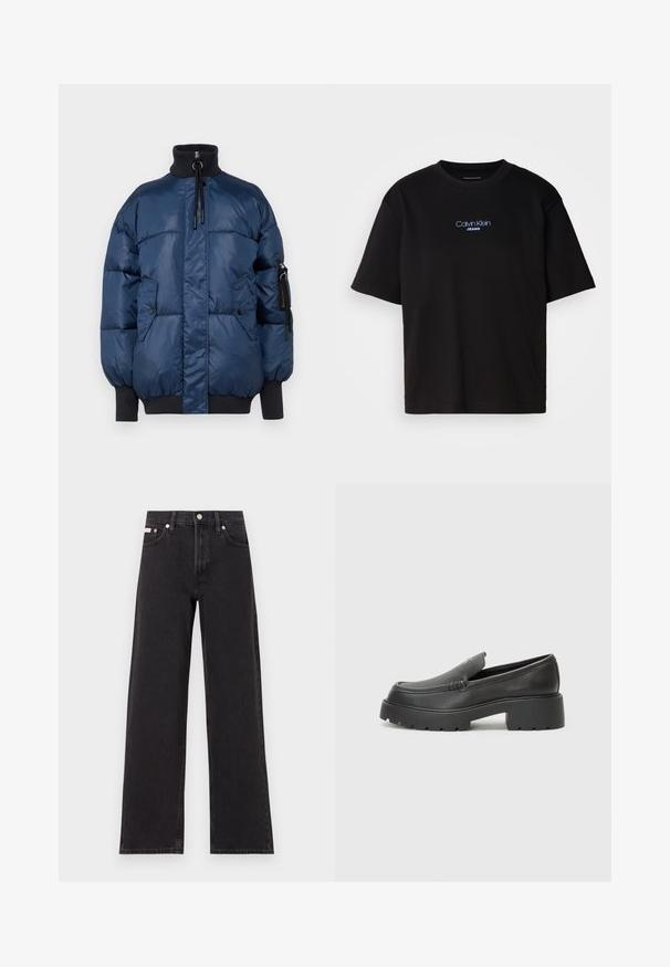 Geacă puffer de culoare albastru marin, cu guler înalt, închidere prin fermoar frontal, măneci elastice, două buzunare laterale și un buzunar cu fermoar pe braț.; Tricou din bumbac negru cu guler rotund, mâneci scurte și logo-ul brodat în albastru "Calvin Klein JEANS" pe față.; Jeanși negri cu picioare largi, fabricați din denim, cu talie înaltă, stil cu cinci buzunare și închidere cu nasture metalic, cu cusături contrastante.; Mocasini din piele neagră, cu vârf rotunjit, talpă groasă texturată și detalii minimale de cusătură. Design elegant, fără șireturi sau accesorii vizibile.