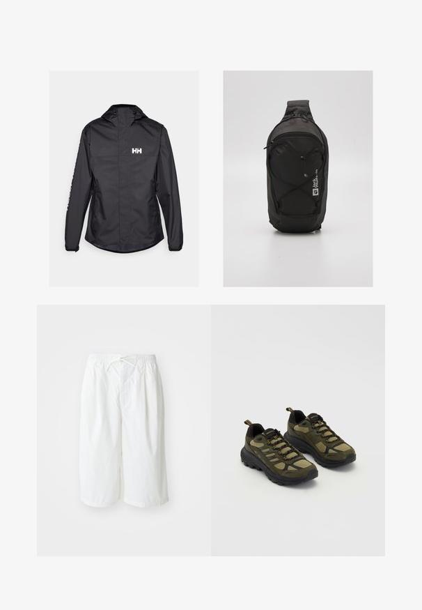 Giacca nera impermeabile con cappuccio, caratterizzata da una texture liscia, logo bianco sul petto e tasche laterali con zip.; T-shirt in cotone bianco con stampa grafica nera di una figura alata e testo, con collo tondo e maniche corte.; Pantaloni corti bianchi con vita elasticizzata e coulisse, presentati su uno sfondo chiaro e semplice. Adatti per un abbigliamento casual o per la stagione calda.; Scarpe sportive verdi e nere con una tomaia testurizzata, pannelli in rete, suola resistente e design con lacci che include punta e tallone rinforzati.; Zaino nero dal design sinuoso, realizzato in tessuto resistente. Presenta un compartimento con zip, dettagli con cordino elastico e logo.