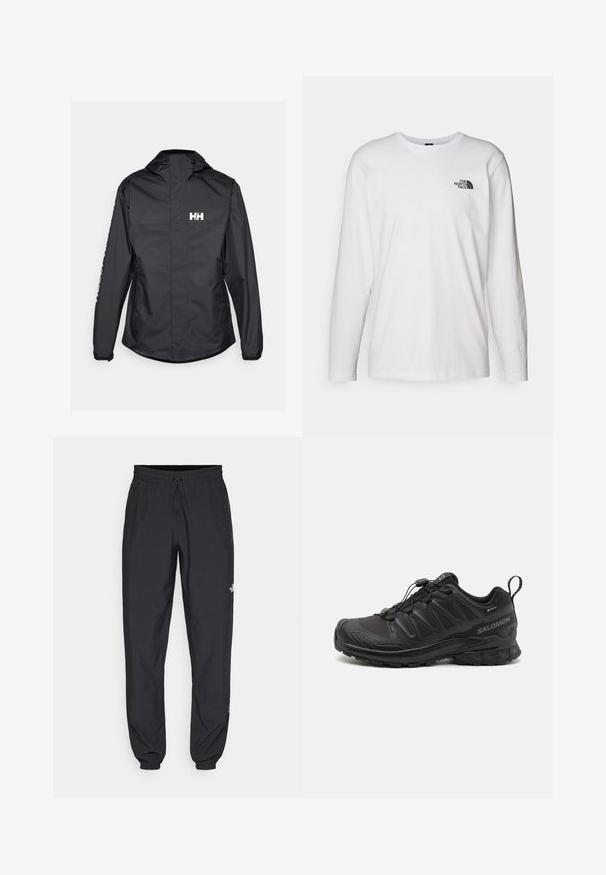 Schwarze wasserdichte Jacke mit Kapuze, featuring eine glatte Textur, weißes Logo auf der Brust und Reißverschlusstaschen an den Seiten.; Weißes langärmliges T-Shirt aus Baumwolle mit Rundhalsausschnitt. Verfügt über ein kleines schwarzes Logo auf der Brust. Glatte Textur, reguläre Passform.; Schwarze Sporthosen aus leichtem Stoff, mit einem Kordelzugbund, seitlichen Taschen und schmal zulaufenden Bündchen an den Knöcheln.; Schwarzer Sportschuh mit einer strukturierten, synthetischen Oberseite, gepolsterten Sohle und einem schnellen Schnürsystem. Verfügt über eine verstärkte Zehen- und Fersenkappe.