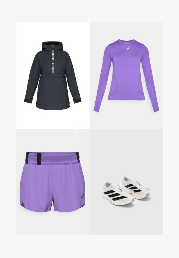 Chaqueta aislante negra con capucha, que cuenta con un cierre frontal, un logotipo prominente en el pecho y puños ajustables. Tejido texturizado con acolchado.; Camiseta atlética de manga larga en tejido de color púrpura claro, con un diseño ajustado, cuello redondo y una textura sutil con detalle del logo en el pecho.; ASICS METARUN SPLIT SHORT - Pantalón corto de deporte - edo purple; Zapatillas deportivas blancas con rayas y logotipo en negro, que cuentan con una parte superior de malla, puntera redondeada y una suela gruesa color crema para mayor amortiguación.