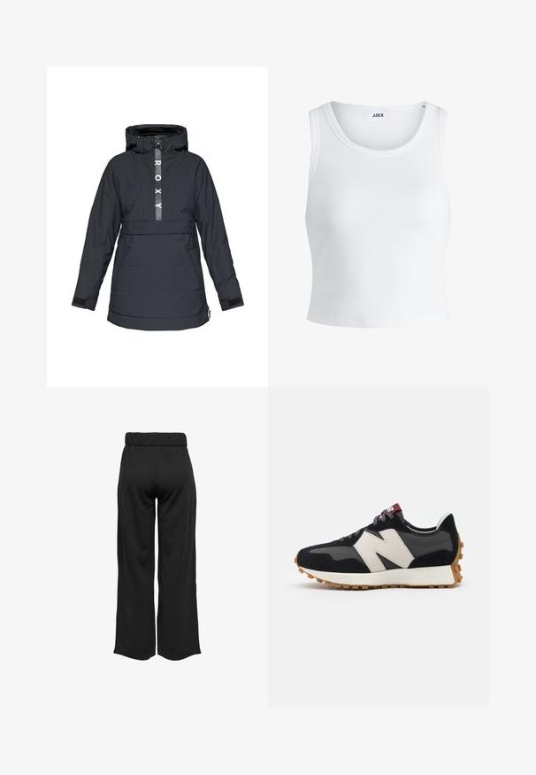 Mustaa eristettyä takkia hupulla, jossa on etuvetoketju, iso logo rinnassa ja säädettävät hihansuut. Teksturoitu kangas, jossa on vuori.; Valkoinen ribbattu hihaton toppi, jossa on pyöreä pääntie ja lyhyt malli. Tunnuslukuna lukee "JJXX". Sujuva kangas.; Mustat, leveälahkeiset housut, joissa on joustava vyötärö, valmistettu sileästä kankaasta. Ominaisuuksia ovat puhdas muotoilu ilman taskuja tai näkyviä ompelusaumoja.; Mustat ja harmaat mokkakenkä, jossa on suuri kermanvärinen "N"-logo, violetit nauhat ja teksturoitu kumipohja.