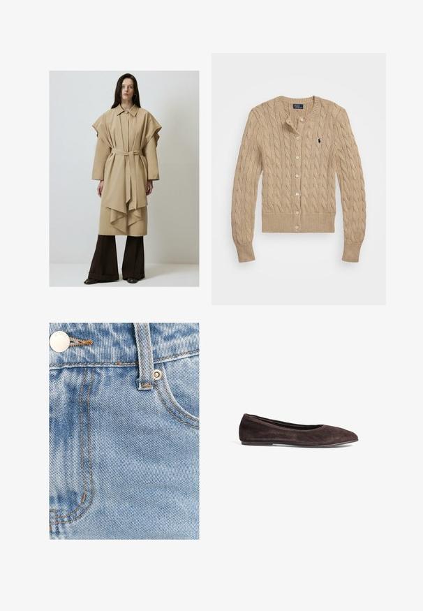 Bežna trench jakna s pasom, preveliki rukavi i slojeviti rub. Uparena s tamnosmešnim širokim hlačama i čizmama, minimalistički dizajn.; Bež pleteni kardigan z zaobljenim ovratnikom, sprednjim gumbom, rebrastimi manšetami in robom. Vsebuje majhen logotip na levem prsnem delu.; Prevelika bela bombažna majica s kratkimi rokavi, okroglo izrezom in gladko teksturo. Brez vzorcev ali vidnih kovinskih detajlov.; ST MRLO IRIS - Kavbojke na trapez - light blue wash; Rjavi zamšasti baletni čevlji s koničastim prstom in nizkim profilom. Imajo gladko teksturo in minimalističen dizajn. Brez vidnih kovinskih delov ali okraskov.
