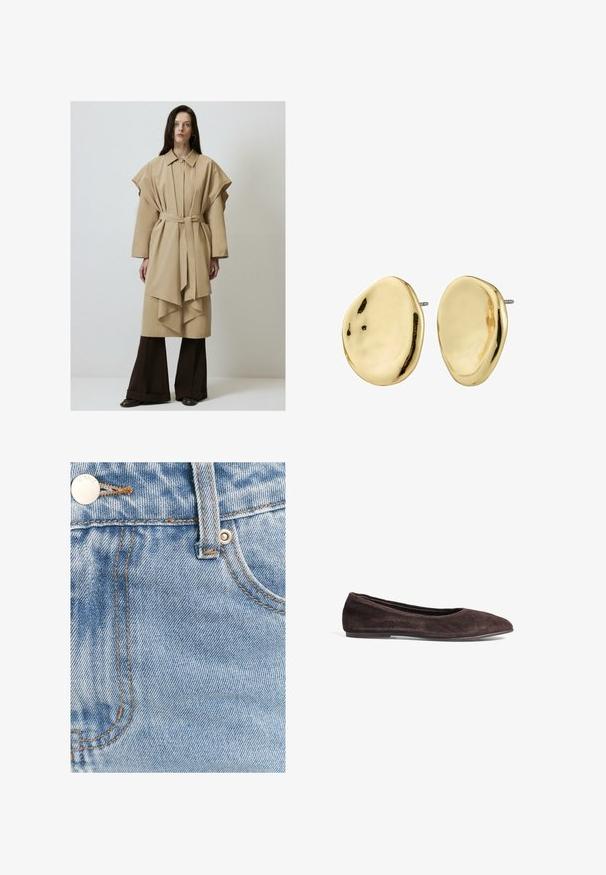 Beige trenchcoat med bälte, oversized ärmar och lagerkjol. Matchad med mörkbruna vida byxor och stövlar, minimalistisk design.; Beige kabelstickad cardigan med rundad krage, knappstängning, ribbade manschetter och nederkant. Har en liten logotyp på vänster bröst.; Överdimensionerad vit bomullen t-shirt med korta ärmar, rund halsringning och slät yta. Inga mönster eller synliga detaljer.; Ljusblå denimtyg med en klassisk design, synliga stygn i en kontrasterande beige färg och en metallknapp som stängning vid midjebandet.; Brun mocka ballerina med spetsig tå och låg profil. Har en jämn yta och en minimalistisk design. Inga synliga detaljer eller accenter.; Guldtonade stiftörhängen med en slät, oregelbunden oval form. Har en polerad yta och en minimalistisk design utan synliga detaljer.