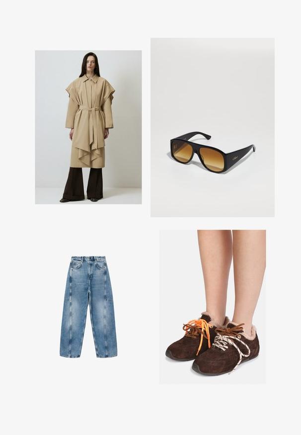 Beige trenchcoat met een riem, oversized mouwen en een gelaagde onderrand. Gecombineerd met donkerbruine wijde broek en laarzen, minimalistisch ontwerp.; Grijze cropped trui gemaakt van zacht, fuzzy materiaal. Heeft lange mouwen en een ronde halslijn, met een gladde, lichte textuur.; Witte T-shirt met korte mouwen, gemaakt van zachte katoen, met een ronde halslijn en een ontspannen pasvorm met omgerolde zoomdetails. Geen patronen of accenten.; Lichtblauwe denim jeans hebben een relaxte pasvorm, grote zakken en contrasterende stiksels. De stof heeft een vervaagde afwerking met een soepele textuur.; Bruine leren instapschoenen met een voering van bont, gedragen op blote voeten, met mismatched veters: de ene is oranje en de andere is wit met zwarte strepen.; Zwarte rechthoekige zonnebril met bruine verlooplenzen. Gemaakt van plastic, met een glad oppervlak en een subtiele gouden logo op de poot.