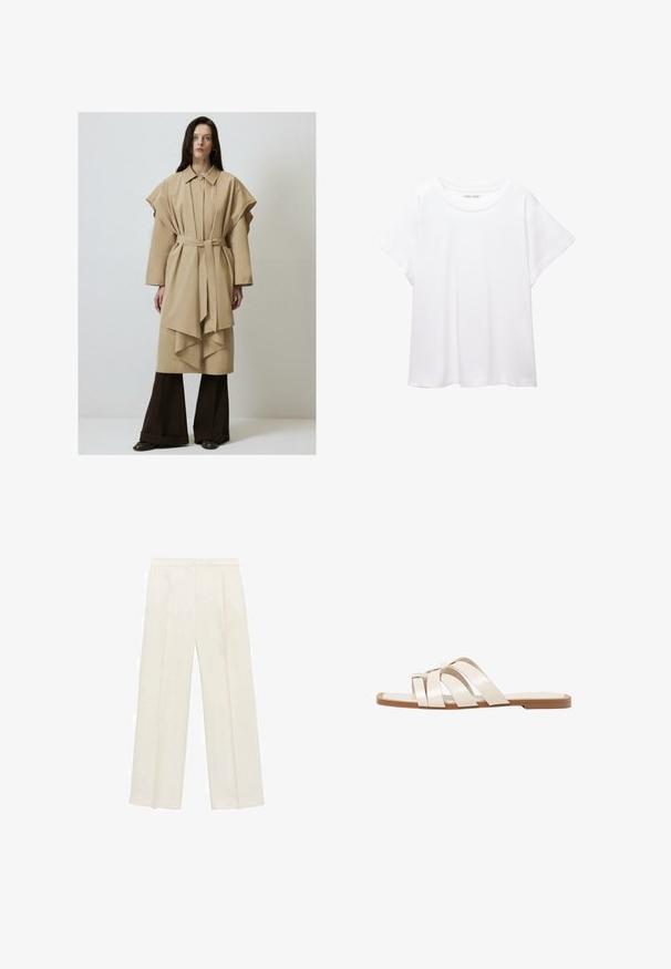 Beige trenchcoat avec une ceinture, manches surdimensionnées et ourlet superposé. Associé à un pantalon large marron foncé et des bottes, design minimaliste.; Valkoinen T-paita, joka on valmistettu pehmeästä ja kevyestä kankaasta. Omistaa pyöreän kaula-aukon ja lyhyet, leveät hihat rentoa istuvuutta varten. Ei näkyviä kuvioita.; Valkoiset leveälahkeiset housut vaaleassa kermassa. Valmistettu sileästä kankaasta, jossa on laskokset edessä ja sivutaskut.; Tason vaaleanruskealla kumipohjalla, jossa on kolme päällekkäistä valkoista nahkaremmiä ja pieni satiininen rusetti keskellä.