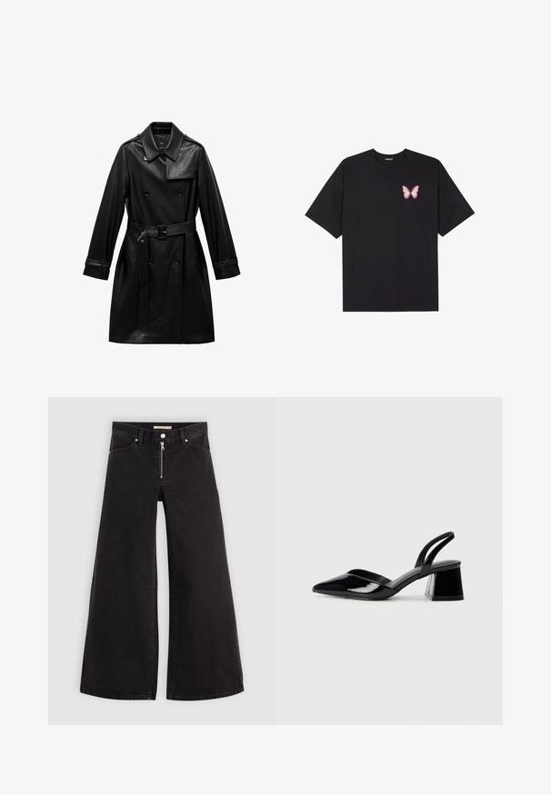 Čierny kožený trenčkot s dvojradovým dizajnom, širokým golierom, opaskom v páse a gombíkovými manžetami. Hladká textúra a elegantný silueta.; Čierne bavlnené tričko s krátkymi rukávmi, s malým ružovým motýlikom na ľavej hrudi. Design s okrúhlym výstrihom a uvoľneným strihom.; Dlhé nohavice vo voľnom strihu z čierneho denimu so zipsom vpredu, päť vrecúškovým dizajnom a jemnými stehovými detailmi. Hladká textúra a neformálny štýl.; Čierne lakované kožené sandálové podpätky s špicatou špičkou a geometrickým blokovým podpätkom. Disponujú elegantným, minimalistickým dizajnom a hladkým povrchom.