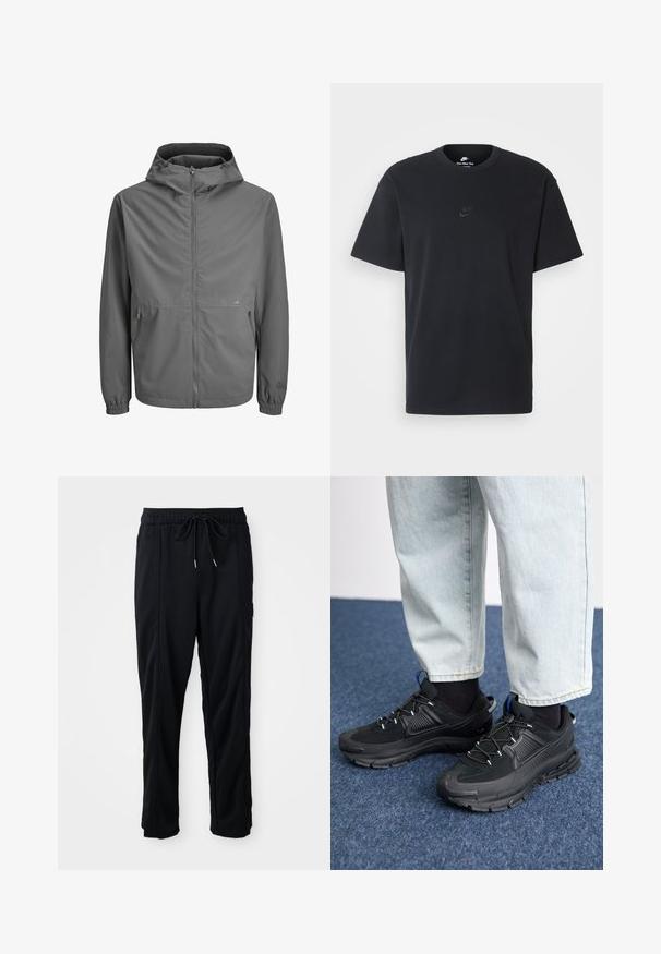 Grau leichtgewichtige Jacke mit Kapuze, Reißverschluss vorne, elastischen Bündchen und zwei seitlichen Taschen. Glattes Material, minimalistisches Design, dezentes Markenlogo.; Schwarzes Baumwoll-T-Shirt von Nike mit klassischem Rundhalsausschnitt, kurzen Ärmeln und einem dezenten, geprägten Logo auf der Brust. Glatte Textur.; Schwarze lässige Hosen mit Kordelzug und seitlichen Eingrifftaschen sowie geradem Bein auf einem einfarbigen Hintergrund.; Schwarze Sportschuhe aus strukturiertem Stoff mit Gummisohlen, ausgestattet mit elastischen Schnürsenkeln und einem blauen Akzent an der Ferse. Getragen mit hellen Jeans.