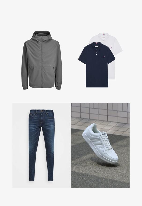 Grå letvægtsjakke med hætte, lynlås fortil, elastiske manchetter og to sidelommer. Glat stof, minimalistisk design, diskret brandlogo.; To polo skjorter: en marineblå og en hvid, begge med en lille rød, hvid og blå detalje på brystlommen og kraven.; Mørkeblå denim jeans med slim fit, subtil falming, fem lommer og metalknaplukning. Syede detaljer i kontrastfarve.; Hvide atletiske sneakers med glat læderoverdel, snørelukning foran, perforeret tå og mønstret sål. Minimalistisk design med tre sidelister.