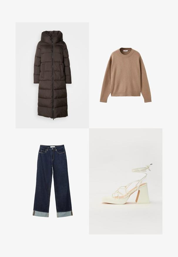 Hnědý péřový kabát s dlouhým, vycpaným designem, vysokým límcem, předním zipem a bočními kapsami. Hladká, texturovaná látka se lesklým povrchem.; Měkký béžový svetr s dlouhým rukávem a kulatým výstřihem, ribovanými manžetami, lemem a výstřihem, vyložený na bílém pozadí.; Tmavě modré kalhoty s širokými nohavicemi a vysokým pasem, s ohrnutými manžetami, kontrastním prošíváním a pěti kapsami. Vyrobené z denimové tkaniny.; Bílé sandály na vysokém podpatku s robustním podpatkem, s designem s pásky a zavazováním kolem kotníku. Hladký povrch s platformou vpředu pro zvýšení výšky.