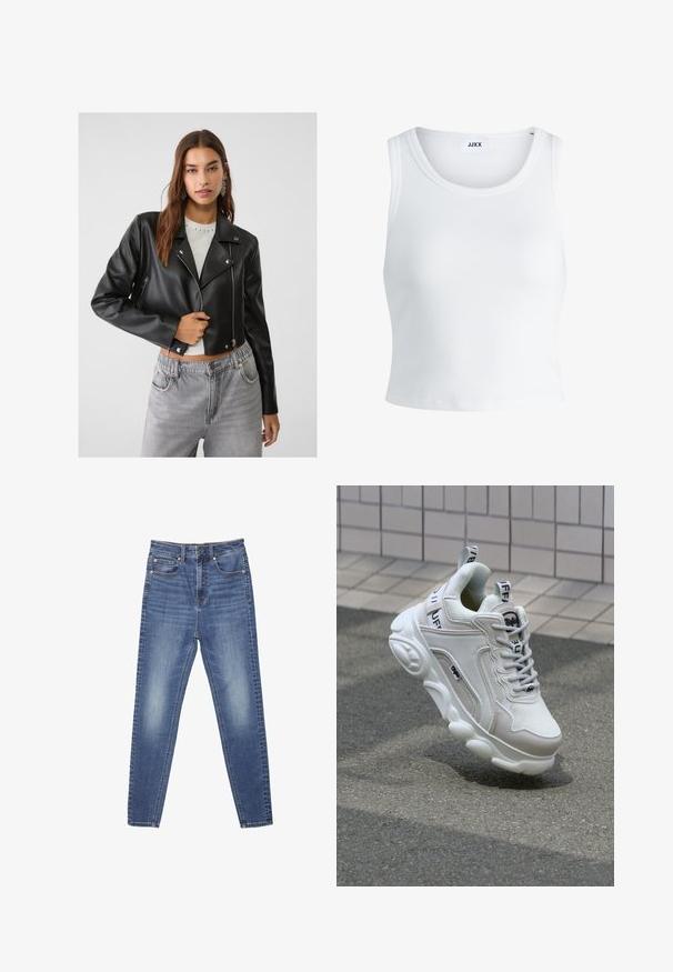 Stradivarius Bunda z umělé kůže - black; Bílý žebrovaný top na ramínka se kulatým výstřihem, bez rukávů a zkrácenou délkou. Název značky je "JJXX." Hladká struktura látky.; Modré džínové kalhoty se rovnou nohavicemi, pěti kapsami a viditelným šitím. Tkanina má vybledlou strukturu s hladkým povrchem.; Bílé tenisky vyrobené z textilního a koženého materiálu, s kulatou špičkou, silnou podrážkou, výraznými šňůrkami a logem na patě a jazyku.