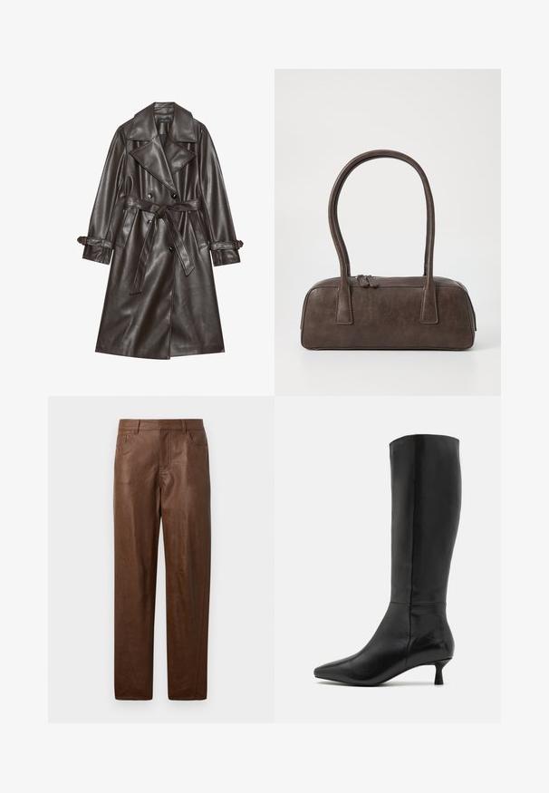 Trench coat din piele sintetică maro, cu un front dublu butonat, rever larg, curea legată și accente butonate pe mâneci.; Pulover negru cu guler înalt, realizat dintr-un material cu dungi. Mâneci lungi, design ajustat și un tiv ușor relaxat fără modele sau accesorii vizibile.; Pantaloni din piele maro cu o textură netedă, design cu picior drept și două buzunare laterale. Prezintă detalii de cusături vizibile.; Zign Cizme - black; Geantă de mână din piele maro, cu două mânere rezistente, formă rectangulară, textură netedă și închidere cu fermoar. Design minimalist, fără modele vizibile.