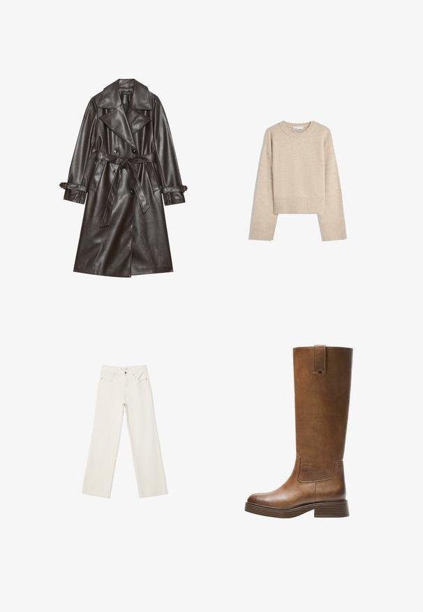 Brun fusk skinn trenchcoat med dubbelknäppt framsida, breda slag, knytbälte och knäppningar på ärmarna.; Beige kortärmad tröja i mjukt stickat material. Har rund halsringning, långa ärmar samt ribbade muddar och nederkant för ökad textur.; Vita vida jeans i denim med hög midja, framfickor och knäppning. Rent design med minimala detaljer.; Bruna läderknähöga stövlar med rund tå, texturerad yta och en staplad låg klack. Har en sidopanel och ett dragöglan högst upp.