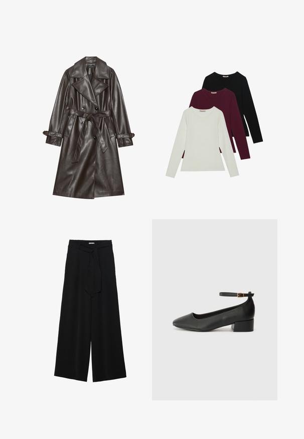 Brauner Kunstleder-Trenchcoat mit doppelter Knopfleiste, breiten Revers, einem gebundenen Gürtel und mit Knopfakzenten an den Ärmeln.; Langarm-T-Shirts in Weiß, Bordeaux und Schwarz. Hergestellt aus weichem Stoff mit Rundhalsausschnitt und figurgerechtem Design. Eignen sich gut zum Schichten.; Schwarze weite Hosen aus strukturiertem Stoff, mit elastischem Bund und einem abnehmbaren Bindegürtel in der Taille für eine verstellbare Passform.; Schwarze Lederpumps mit spitzem Zehenbereich und niedrigem Blockabsatz. Mit einem Knöchelriemen und einer goldfarbenen Schnalle. Glatte Textur.