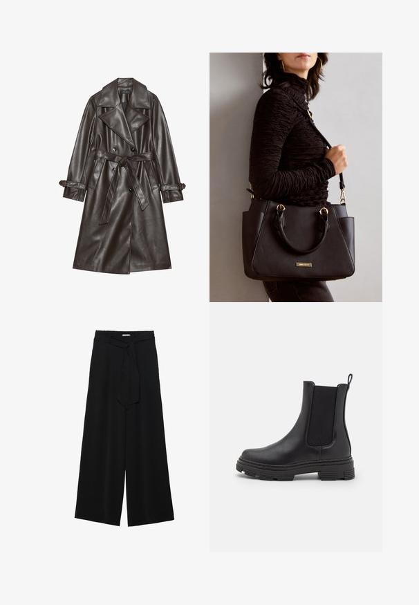 Bruine kunstlederen trenchcoat met een dubbelgeknoopte voorkant, brede revers, een gestrikt riem en knoopaccenten op de mouwen.; Marineblauw en witte gestreepte longsleeve top met een bootnek en gouden knoopaccenten op de opgerolde mouwen. Zachte stof, relaxte pasvorm.; Zwarte wijde broek van textuurstof, met een elastische tailleband en een afneembare sjaalstrik in de taille voor een verstelbare pasvorm.; Zwarte leren enkellaars met elastische zijpanelen, ronde neus en een gestructureerde rubberen zool. Voorzien van een lus aan de achterkant voor gemakkelijk aan- en uittrekken.; Zwarte handtas met gestructureerd oppervlak, dubbele bovenhandvatten en verstelbare schouderriem. Voorzien van goudkleurige hardware en zijzakken.