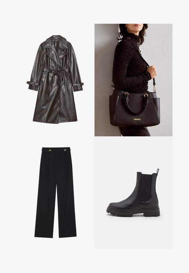 Brun faux lær trenchcoat med dobbelt-knappet front, brede revers, en knyttet belte og knappe-accenter på ermene.; Marineblå og hvit stripete langermet topp med båthals og gullknapper på rullede ermer. Myk stoff, avslappet passform.; Svart vide bukser med høy midje, knappdetaljer på midjebåndet og frontplisser.; Sorte lær ankelstøvler med elastiske sidepaneler, rund tå og teksturert gummisåle. Har en løkke bak for enkel påkledning.; Svart håndveske med teksturert overflate, doble topphåndtak og justerbar skulderrem. Har detaljer i gulltone og sidelommer.