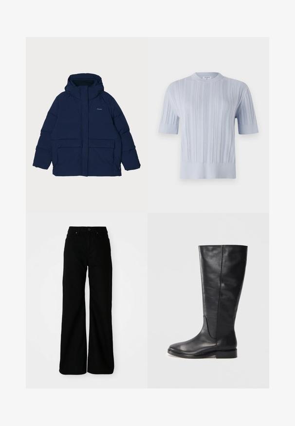 Doudoune bleu marine avec une grande capuche, dotée d'une fermeture éclair à l'avant, de deux grandes poches plaquées et d'un logo sur le côté supérieur gauche.; T-shirt tricot à manches courtes de couleur bleu clair, présentant une texture en côtes verticales et un col rond. Le tissu révèle des détails subtils avec une finition ajustée.; Pantalons larges noirs en denim. Présentent une taille ajustée, des poches avant et une fermeture à bouton. Texture lisse avec un minimum de détails.; Botte en cuir noire jusqu'au genou avec un petit talon et un bout arrondi, présentant des détails de couture le long de la tige et de l'empeigne.