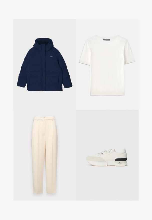 Navy blue puffer jacket with a large hood, featuring a front zipper, two large patch pockets, and a logo on the upper left side.; White short-sleeve knit top with a round neckline, featuring a smooth texture and subtle ribbed accents at sleeves and hem.; Beige tailored trousers with a straight fit, featuring pleats at the front, a smooth texture, and a mid-rise waist. No visible pockets.; White sneaker featuring a textured suede toe cap, smooth mesh upper, decorative laces, and a black rubber heel accent.