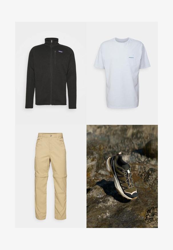 Mustapörröinen fleece-takki, jossa on korkea kaulus, täysi edestä vetoketju, sivutaskut ja pieni logo rinnassa. Kirjava materiaali.; Valkoinen puuvillapaita lyhyillä hihoilla, pyöreällä kaula-aukolla ja vasemmalla rintataskulla, jossa on sininen "Patagonia" -logo. Klassinen istuvuus ja sileä tekstuuri.; Beige-harmaat, joissa on sileä pinta, kaksi sivutaskua, napin suljinta ja käärittävät hihansuut monikäyttöisyyttä varten.; Vaelluskengät oliivinvihreänä ja mustana, pinkeillä yksityiskohdilla. Ominaisuuksiin kuuluu teksturoitu yläosa, joustava pohja, vahvistettu varvasosa ja värikäs nauhoitusjärjestelmä.