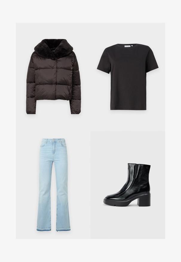 Rövidített fekete pufi dzseki, plüss szőrme gallérral, steppelt részekkel és sima, fényes külső felülettel.; Fekete pamut póló rövid ujjakkal, kerek nyakkivágással és egyszerű, letisztult dizájnnal. Nincsenek látható minták vagy díszítések.; Világoskék, trapéz fazonú farmernadrág, magas derékkal, elülső zsebekkel és nyers szegéllyel a szárakon, amely laza megjelenést kölcsönöz.; Fekete lakkbőr bokacsizma ívelt orral, elasztikus oldalpanelek és vastag blokk sarkal. A hátsó részen dombornyomott logó található.