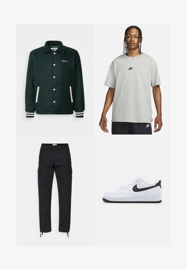 Schott ZACK - Könnyű dzseki - green; Fiatal, fonott hajú személy világosszürke Nike pólót és fekete Nike rövidnadrágot visel, egy sima fehér háttér előtt.; Fekete cargo nadrág, strapabíró anyagból, oldalzsebekkel, karcsú szabással és állítható mandzsettákkal a bokáknál.; Fehér bőr sportcipők fekete Nike Swoosh-szal, kerek orrú dizájnnal, fűzős elejével, texturált fekete gumitalppal és "Air" felirattal a sarkán.