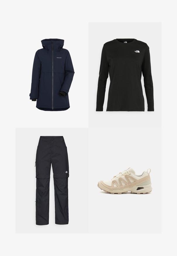 Tengerészkék vízálló dzseki cipzáras elülső résszel, állítható kapucnival és rugalmas mandzsettával. Középhosszú szabású, a mellkasán logó található.; Fekete, hosszú ujjú póló pamutból, kerek nyakkal. A bal mellrészen egy kis fehér logó található. Egyszerű dizájn és szabás.; Fekete nylon zipzáras cargo nadrág állítható mandzsettával, több zsebbel és logóval a jobb lábon. Simább, könnyű textúra.; Beige és krém színű sportcipő, texturált hálós felsőrésszel, támogató burkolattal és gumitalppal, amely tapadás érdekében bordázott mintázattal rendelkezik.