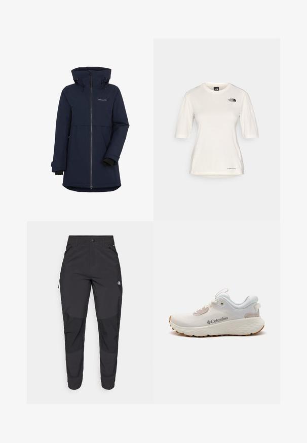 Tumesinine veekindel jope lukuga ees, reguleeritava kapuutsi ja elastsete varrukasäärtega. Omadusteks keskmise pikkusega lõige ja logo rinnal.; The North Face SHADOW SHORT SLEEVE - Spordi T-särk - white dune; Must black välitingimustes püksid, mis on valmistatud vastupidavast kangast. Omavad lukugaTaskuid, tugevdatud põlvepaneele ja sirget lõiget liikuvuse tagamiseks.; Kerged Columbia spordijalanõud valgest võrgust, millel on tekstureeritud hall tall ja kummist haardepind. Omaduseks on polsterdatud krae ja nööridega kinnitussüsteem.